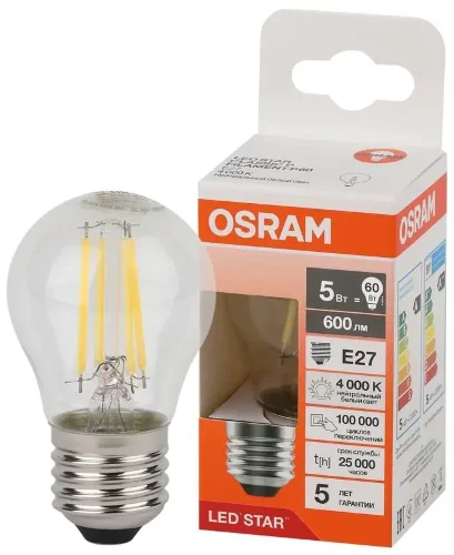 Лампа светодиодная филаментная 5W/4000K (=60W) E27 | Шарик | LED Star 5Y FILAMENT | - OSRAM. Фото 2