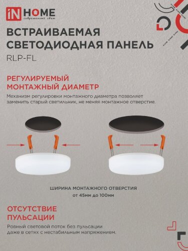 Панель светодиодная встраиваемая безрамочная RLP-FL 18Вт 230В 6500К 1620Лм 120мм с регулируемым монтажом 45-100мм белая IP20 IN HOME - Фото 5