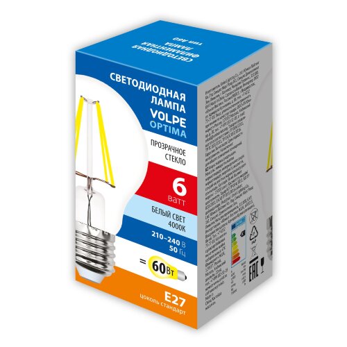 LED-A60-6W-4000K-E27-CL-SLF Лампа светодиодная, Форма A, прозрачная, Белый свет 4000K - фото 2