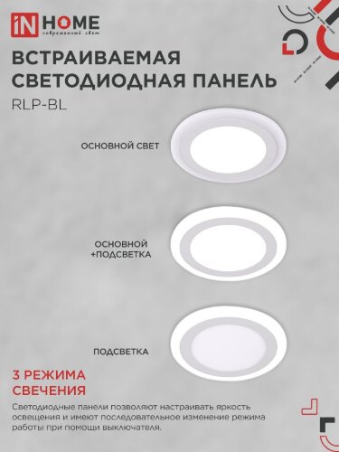 Панель светодиодная встраиваемая круглая RLP-BL 16Вт 230В 4000К 960Лм 195мм с подсветкой белая IP20 IN HOME - Фото 5