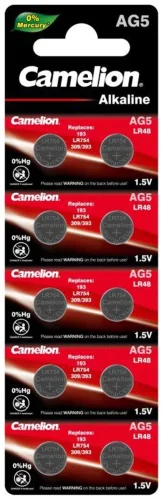 Элемент питания алкалиновый 'таблетка' LR754/393A/193/G 5 Mercury Free AG5-BP0%Hg для часов BL-10 (блист.10шт) Camelion 12813 - фото 2