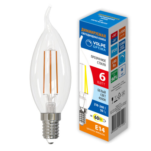 LED-CW35-6W-4000K-E14-CL-DIM-SLF Лампа светодиодная диммируемая, Форма свеча на ветру, прозрачная, Белый свет 4000K - фото 3