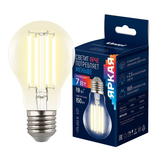 LED-A60-7W-3000K-E27-CL GLY01TR Лампа светодиодная, Форма A, прозрачная, Серия Яркая A++, Теплый белый свет 3000K - фото 4