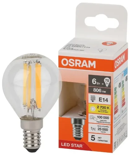 Лампа светодиодная филаментная 6W/2700K (=75W) E14 | Шарик | LED Star 5Y FILAMENT | - OSRAM. Фото 2