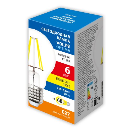 LED-A60-6W-3000K-E27-CL-SLF Лампа светодиодная, Форма A, прозрачная, Теплый белый свет 3000K - фото 2