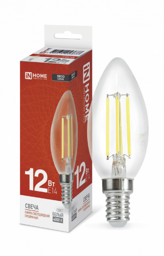 Лампа светодиодная LED-СВЕЧА-deco 12Вт 230В Е14 4000К 1350Лм прозрачная IN HOME - Фото