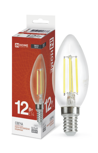 Лампа светодиодная LED-СВЕЧА-deco 12Вт 230В Е14 4000К 1350Лм прозрачная IN HOME - Фото
