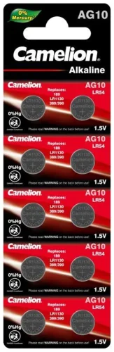 Элемент питания алкалиновый 'таблетка' LR1130/389A/189/G10 Mercury Free AG10-BP0%Hg для часов BL-10 (блист.10шт) Camelion 12818 - фото 2