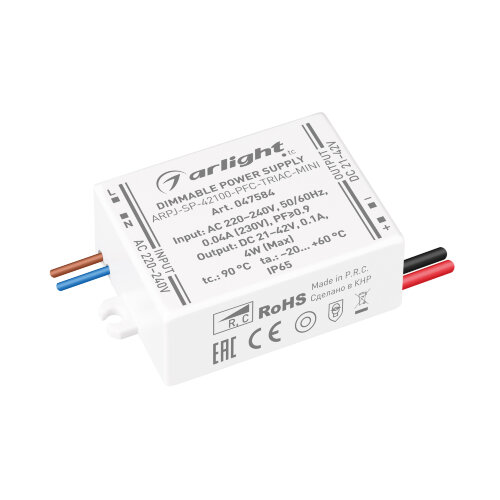 Блок питания ARPJ-SP-42100-PFC-TRIAC-MINI (4W, 21-42V, 100mA) (Arlight, IP65 Пластик, 5 лет) 047584 - фото