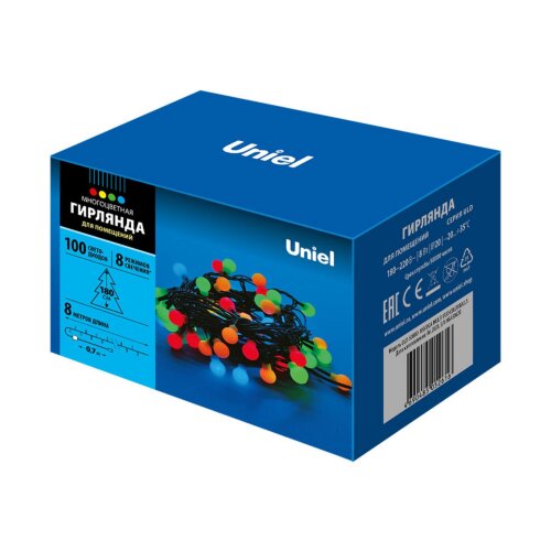 ULD-S0800-100/DGA MULTI IP20 COLORBALLS Гирлянда светодиодная с контроллером «Разноцветные шарики», 100 светодиодов, 8 м, разноцветная, IP20, провод зеленый - фото