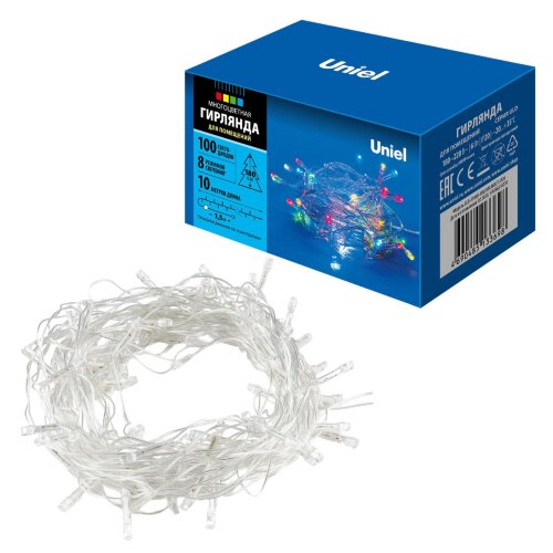 ULD-S1000-100/DTA MULTI IP20 Гирлянда светодиодная, 10м. 100 светодиодов. Разноцветный свет. Провод прозрачный. ТМ Uniel - фото