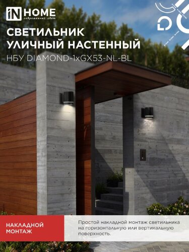 Светильник уличный настенный односторонний НБУ DIAMOND-1хGX53-NL-BL с подсветкой черный IP54 IN HOME - Фото 6