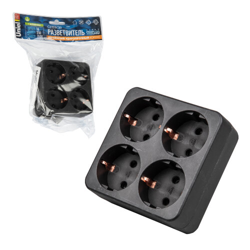 S-GES4-16S BLACK Разветвитель сетевой, с/з. 4 гнезда. 16А, 3500Вт. Черный. ТМ Uniel - фото