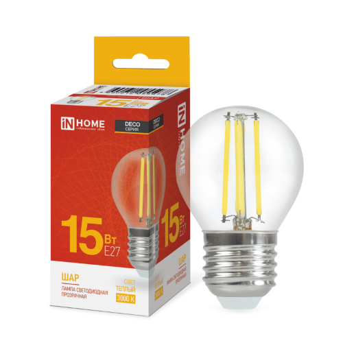 Лампа светодиодная LED-ШАР-deco 15Вт 230В Е27 3000К 1435Лм прозрачная IN HOME - Фото 2