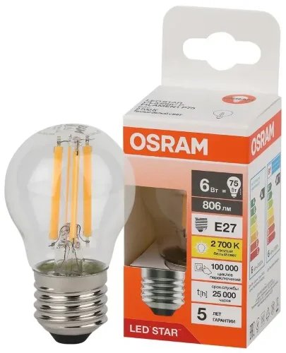 Лампа светодиодная филаментная 6W/2700K (=75W) E27 | Шарик | LED Star 5Y FILAMENT | - OSRAM. Фото 2