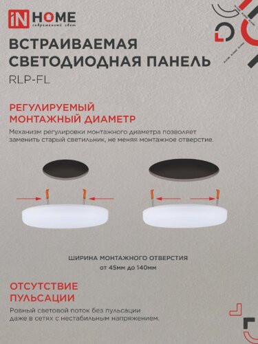 Панель светодиодная встраиваемая безрамочная RLP-FL 24Вт 230В 6500К 2160Лм 170мм с регулируемым монтажом 45-140мм белая IP20 IN HOME - Фото 6