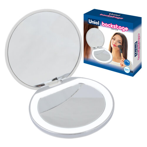ULK-F72 DIM/RECH WHITE Зеркало карманное с подсветкой (1Х+2Х), с диммером. Серия Backstage. Аккумулятор Li-Ion 300мАч, в/к. Белый. ТМ Uniel - фото
