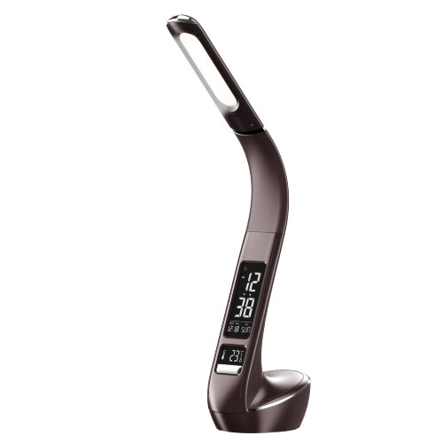 TLD-566 Brown-LED-300Lm-4500K-Dimmer Светильник настольный c часами, календарем, термометром, 6W, Сенсорный выключатель, Коричневый стилизован под кожу, TM Uniel - фото 1