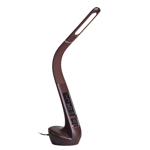 TLD-566 Brown-LED-300Lm-4500K-Dimmer Светильник настольный c часами, календарем, термометром, 6W, Сенсорный выключатель, Коричневый стилизован под кожу, TM Uniel - фото 2