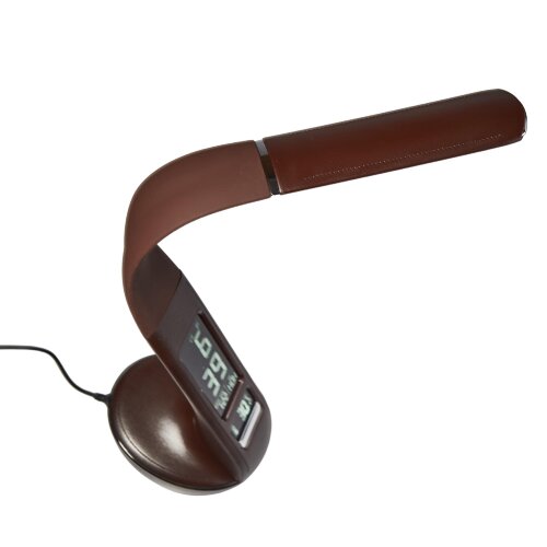 TLD-566 Brown-LED-300Lm-4500K-Dimmer Светильник настольный c часами, календарем, термометром, 6W, Сенсорный выключатель, Коричневый стилизован под кожу, TM Uniel - фото 6