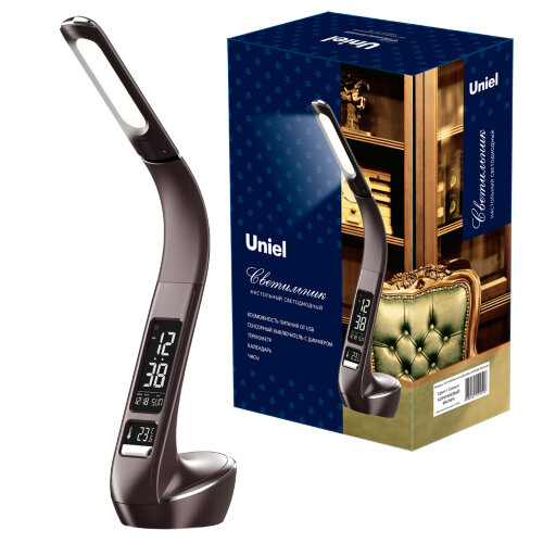 TLD-566 Brown/LED/300Lm/4500K/Dimmer Светильник настольный c часами, календарем, термометром, 6W. Сенсорный выключатель. Коричневый (стилизован под кожу) TM Uniel - фото