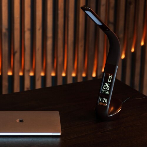 TLD-566 Brown-LED-300Lm-4500K-Dimmer Светильник настольный c часами, календарем, термометром, 6W, Сенсорный выключатель, Коричневый стилизован под кожу, TM Uniel - фото 12