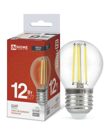 Лампа светодиодная LED-ШАР-deco 12Вт 230В Е27 4000К 1350Лм прозрачная IN HOME - Фото