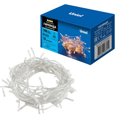ULD-S1000-100/DTA WARM WHITE IP20 Гирлянда светодиодная, 10м. 100 светодиодов. Теплый белый свет. Провод прозрачный. ТМ Uniel - фото