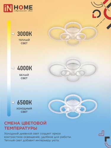 Светильник светодиодный ELEGANT BLISS-W-BG 120Вт 230В 3000-6500K 8400Лм 780х550х130мм пульт ДУ белый IN HOME - Фото 6