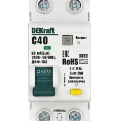 Выключатель автоматический дифференциального тока (АВДТ) 1P+N 40А 30мА AC х-ка C ДИФ-103 6кА DEKraft 16315DEK