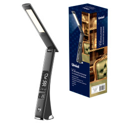 TLD-567 Black-LED-300Lm-4500K-Dimmer Светильник настольный c часами, календарем, термометром, 6W, Встроенный аккумулятор 2000mAh, Сенсорный выключатель, Диммер, Черный