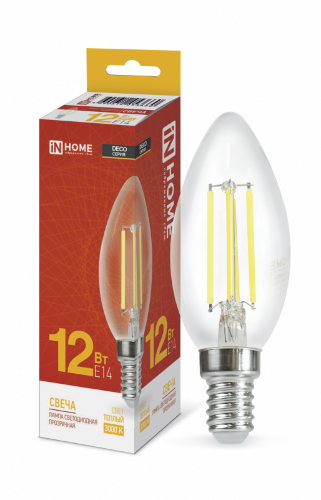 Лампа светодиодная LED-СВЕЧА-deco 12Вт 230В Е14 3000К 1350Лм прозрачная IN HOME - Фото