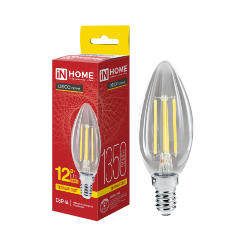 Лампа светодиодная LED-СВЕЧА-deco 12Вт 230В Е14 3000К 1350Лм прозрачная IN HOME - Фото 2
