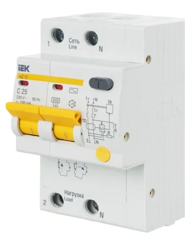 Выключатель автоматический дифференциального тока 2п C 25А 100мА тип AC 4.5кА АД-12 KARAT IEK MAD10-2-025-C-100 - фото 8