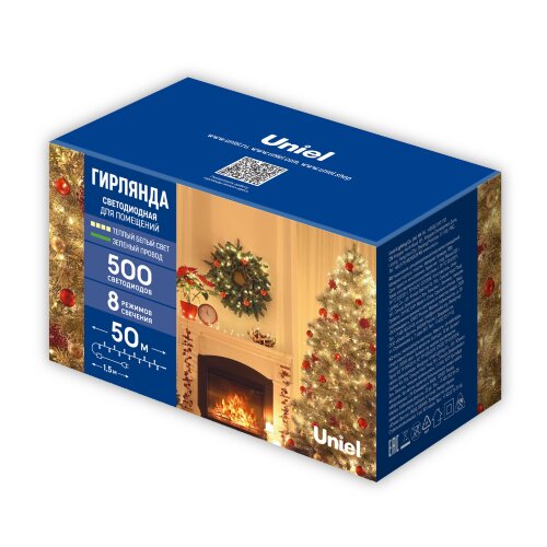 ULD-S5000-500-DGA WARM WHITE IP20 Гирлянда светодиодная, 50м, 500 светодиодов, Теплый белый свет, Провод зеленый - фото 8