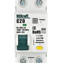 Выключатель автоматический дифференциального тока (АВДТ) 1P+N 16А 30мА AC х-ка C ДИФ-103 6кА DEKraft 16311DEK