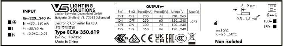 Драйвер для светодиодов линейный 48-84W/200-350мА 120-240V | DIP-переключатель | ECXe 350.619 | - Vossloh-Schwabe. Фото 3