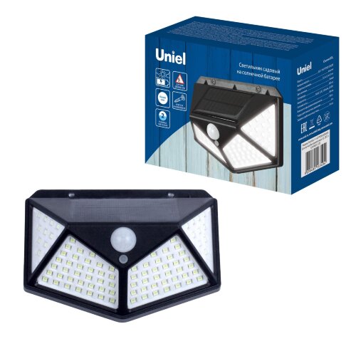 USL-F-167/PT100 SENSOR Садовый светильник на солнечной батарее, с датчиком движения. 100 светодиодов. Белый свет. 1*18650 Li-Io аккумулятор в/к. IP44. TM Uniel - фото