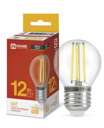 Лампа светодиодная LED-ШАР-deco 12Вт 230В Е27 3000К 1350Лм прозрачная IN HOME - Фото