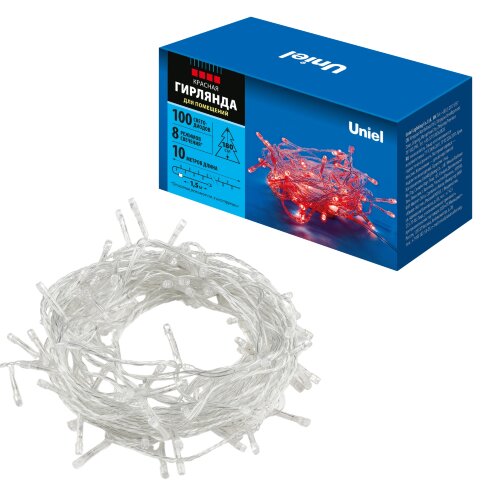 ULD-S1000-100/DTA RED IP20 Гирлянда светодиодная, 10м. 100 светодиодов. Красный свет. Провод прозрачный. ТМ Uniel - фото