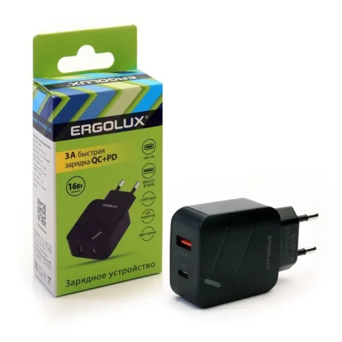 Адаптер сетевой ELX-РA01QC-C02 1USB+1Type C 100-220В 5-9В/3А QC коробка черн. ERGOLUX 15108 - фото