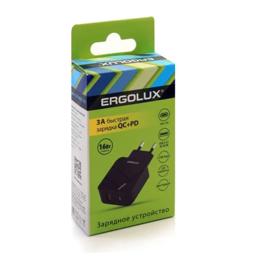Адаптер сетевой ELX-РA01QC-C02 1USB+1Type C 100-220В 5-9В/3А QC коробка черн. ERGOLUX 15108 - фото 3