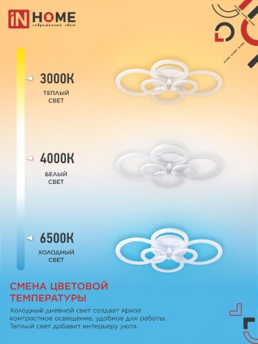 Светильник светодиодный ELEGANT BLISS-W 120Вт 230В 3000-6500K 780х550х130мм c пультом ДУ белый IN HOME - Фото 4