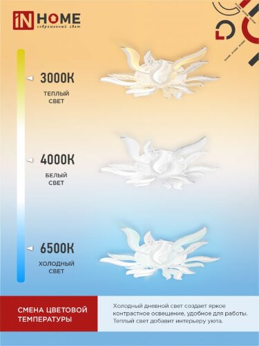 Светильник светодиодный ELEGANT FLAME 120Вт 230В 3000-6500K 8400Лм 1035х895х120мм c пультом ДУ белый IN HOME - Фото 4