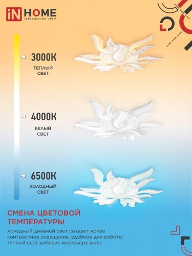 Светильник светодиодный ELEGANT FLAME 120Вт 230В 3000-6500K 1035х895х120мм c пультом ДУ белый IN HOME - Фото 5