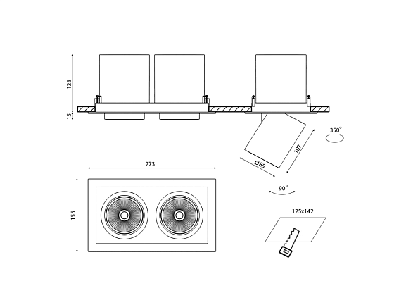 'Светильник светодиодный потолочный встраиваемый поворотно-выдвижной, серия SPL, Ч/Б, 25Вт, IP20, Нейтральный белый (4000К), SPL-SQ2-25-NW. Фото 5
