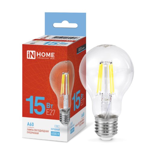 Лампа светодиодная LED-A60-deco 15Вт 230В Е27 6500К 1480Лм прозрачная IN HOME - Фото