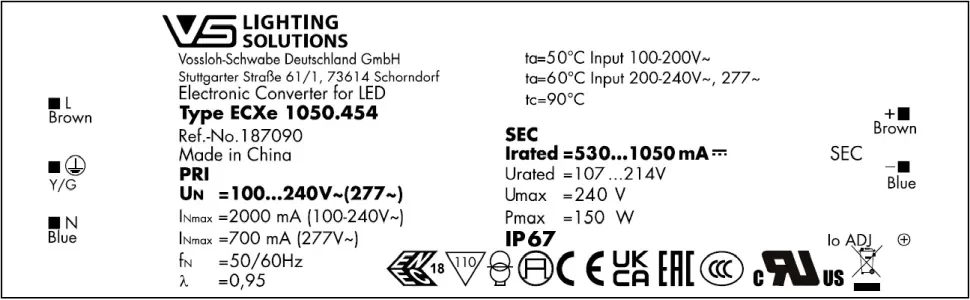 Драйвер влагозащищённый для светодиодов 150W/530-1050мА 100-214V IP67 | потенциометр | ECXe 1050.454 | - Vossloh-Schwabe. Фото 3