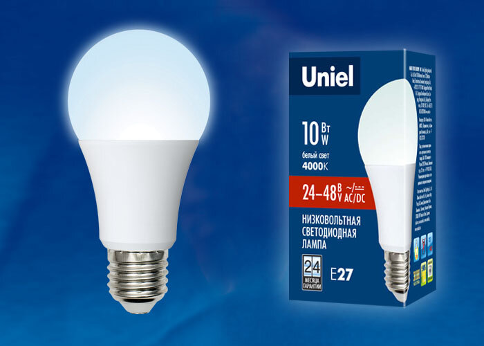 LED-A60-10W/NW/E27/FR/24-48V PLO55WH Лампа светодиодная. 24-48В. Форма «A», матовая. Белый свет (4000K) - фото