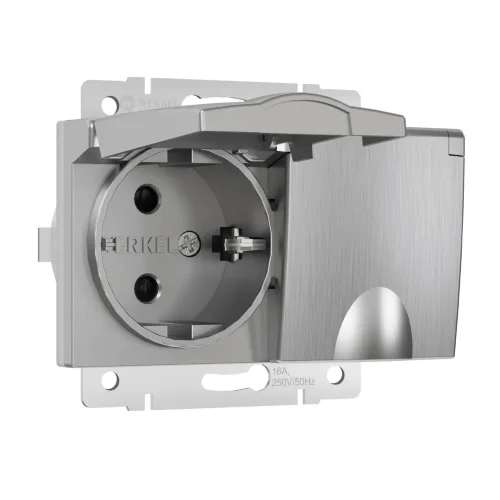 Розетка двойная влагозащ. с зазем. с защит. крышками и шторками (серебряный рифленый) W1172209 - фото